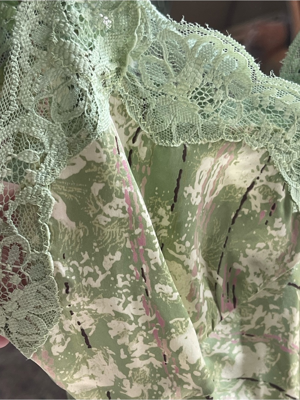 Gold Hawk NWOT 100% Silk Tarragon Green Print Lace Trim Slip Midi Dress - Picture 2 of 7